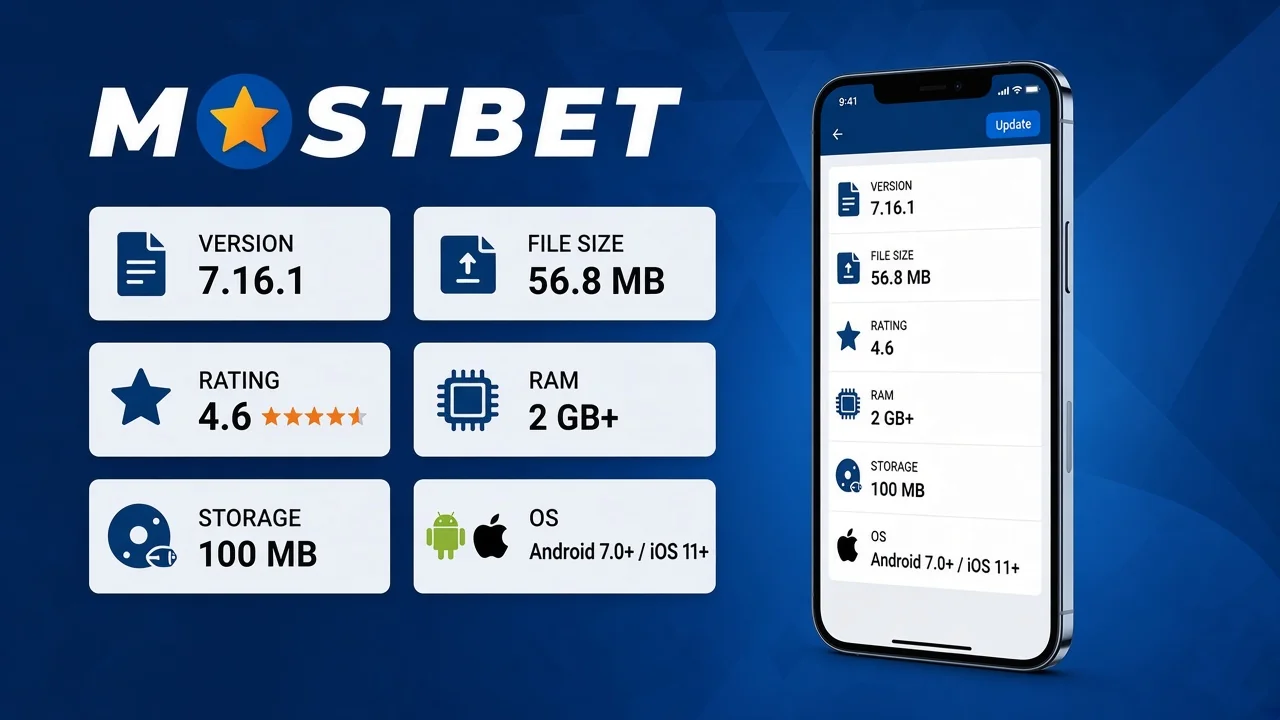 Mostbet app specifications cards showing version 7.16.1 size and rating
